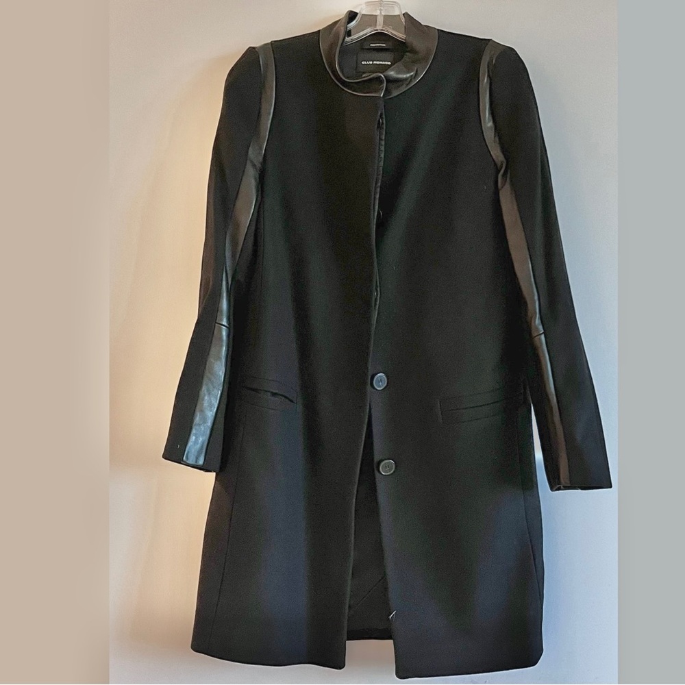 CLUB MONACO BLACK WOOL / LEATHER OVER COAT